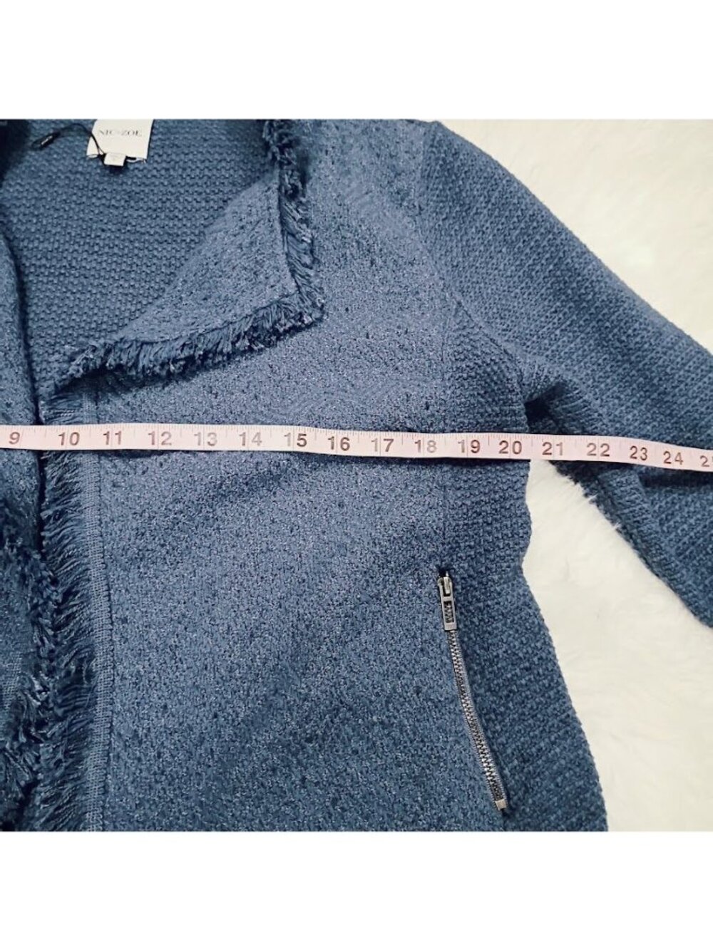 Nic + Zoe Fringe Knit Jacket L Blue Open Front Fringe Boho Cardigan - Picture 6 of 12